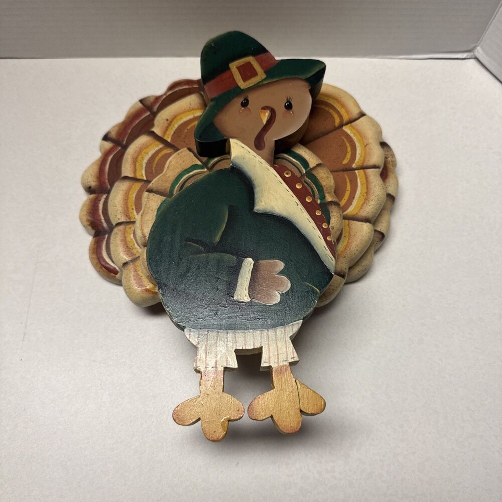 Hand Painted Wooden Turkey Pilgrim Thanksgiving Fall Home Decor Vintage